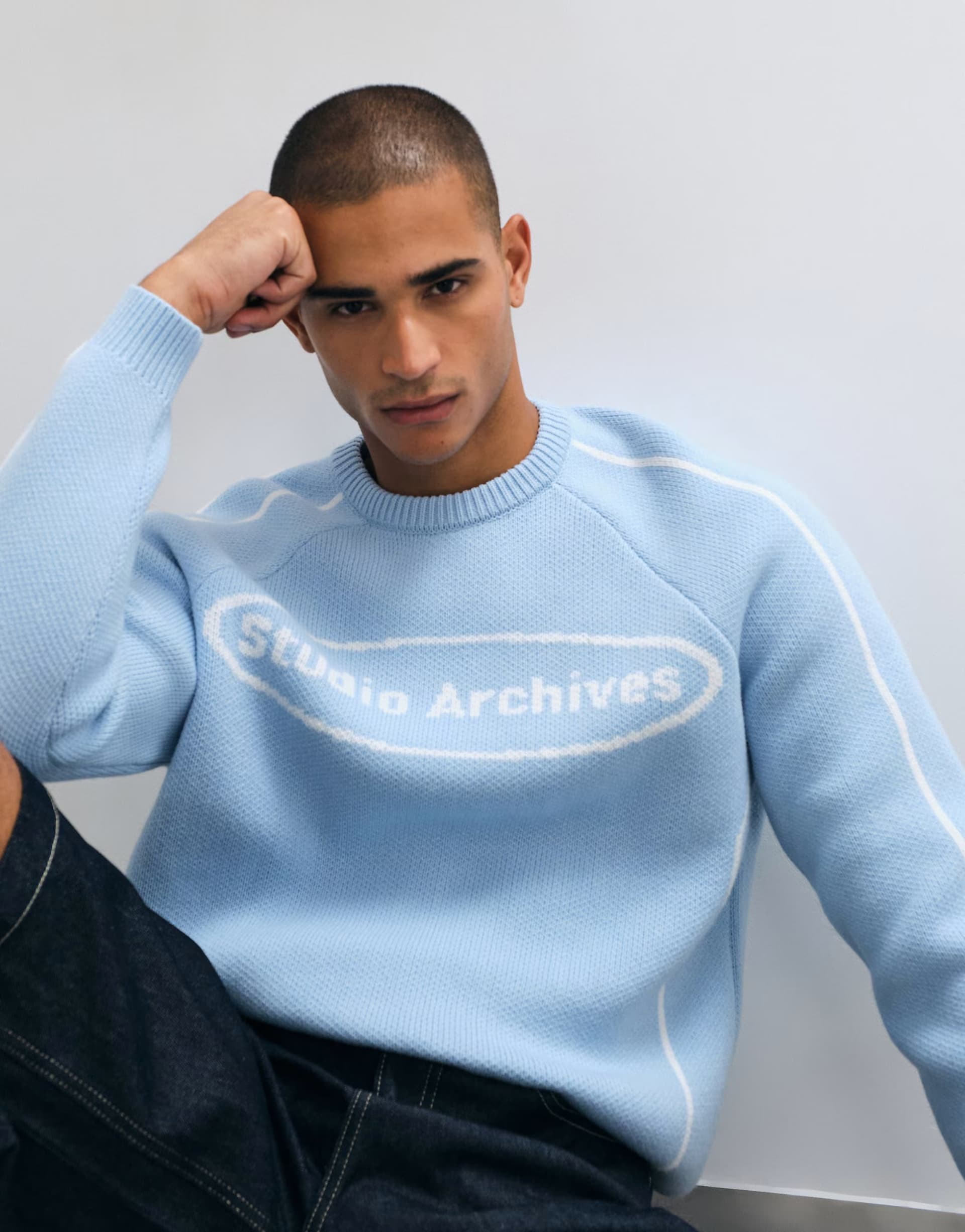ASOS ASOS DESIGN knitted oversized graphic jumper in blue