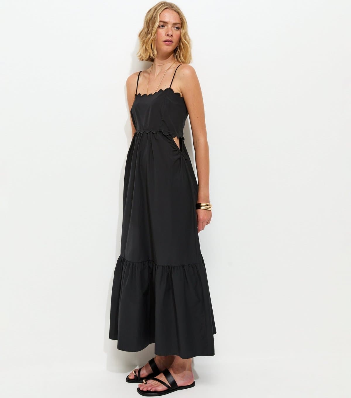 New Look Women's Black Scalloped Edge Strappy Poplin Midi Dress New Look