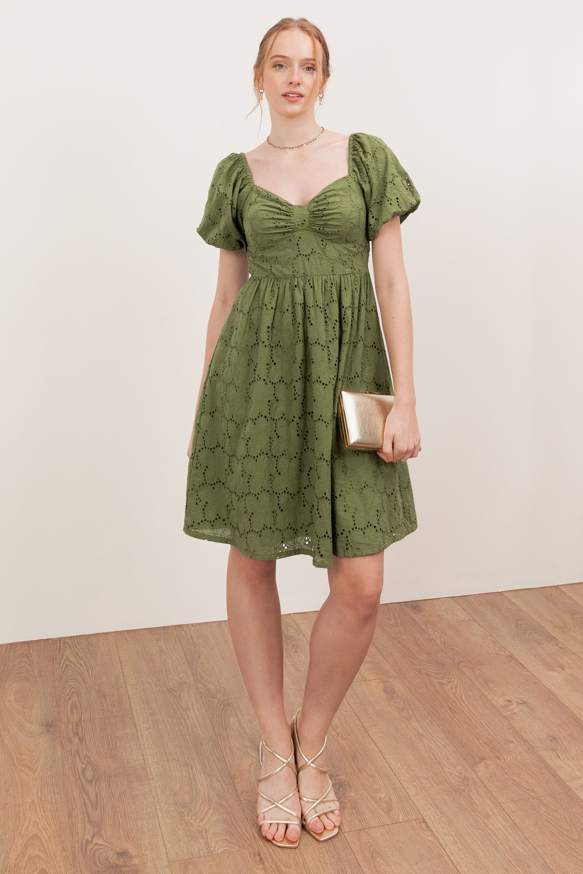 Lovedrobe Lovedrobe Women's Short Sleeve Sweetheart Neck Bow Detail Mini Dress in Green