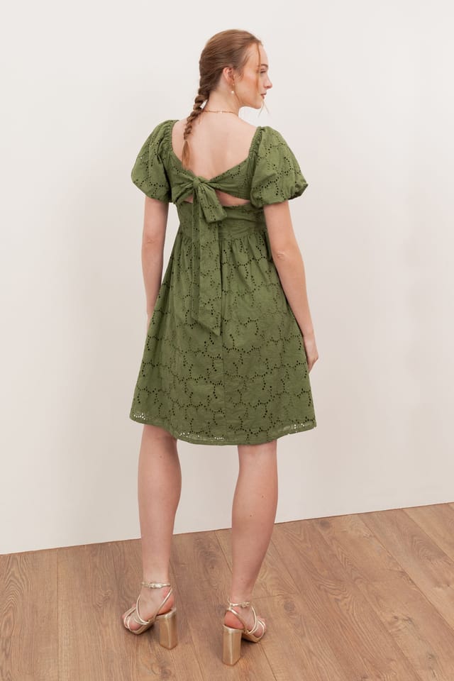 Lovedrobe Lovedrobe Women's Short Sleeve Sweetheart Neck Bow Detail Mini Dress in Green - 2