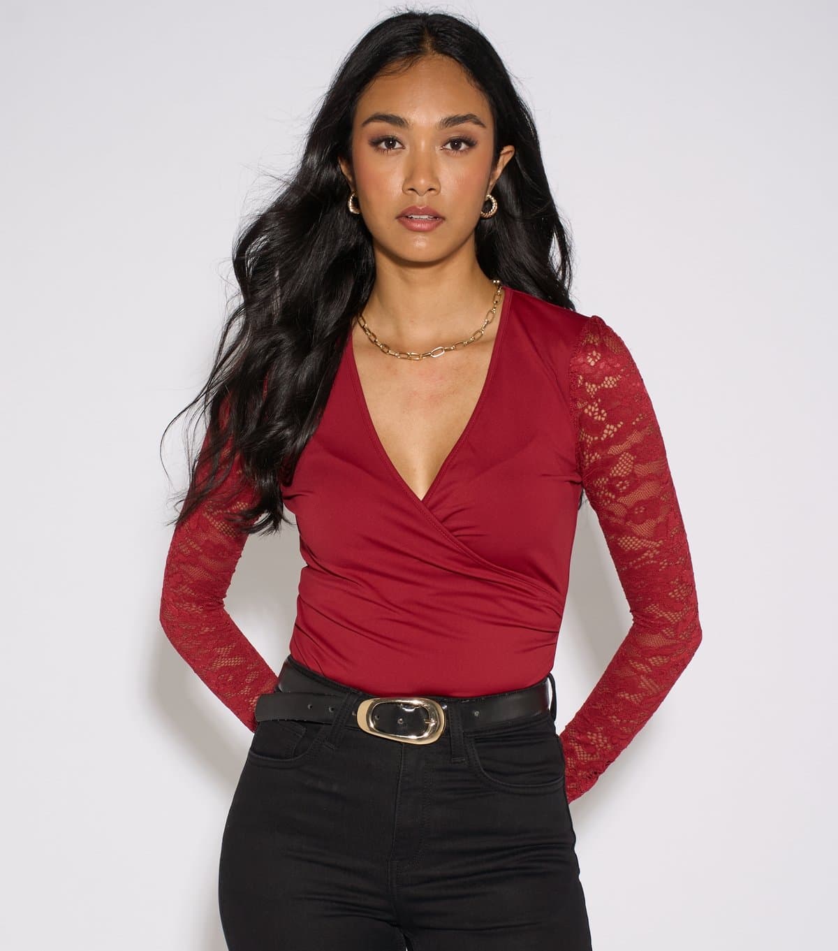 Gini London Women's Dark Red Lace Sleeves Top Gini London New Look