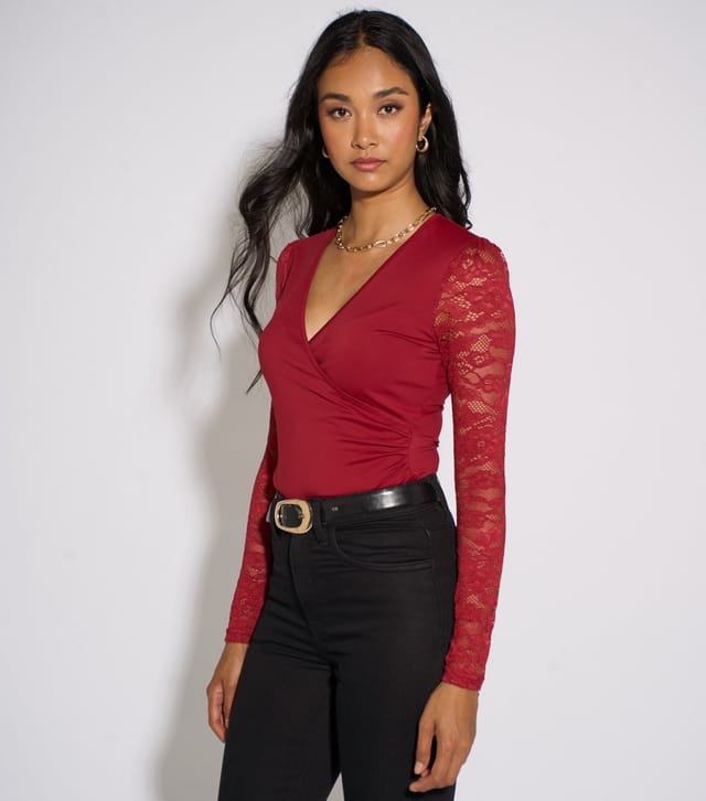 Gini London Women's Dark Red Lace Sleeves Top Gini London New Look - 3