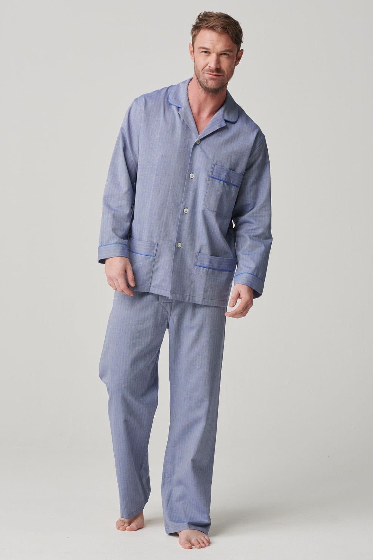 British Boxers British Boxers Men's 'Garrison' Herringbone Cotton Twill Pyjama Set in Mid Blue