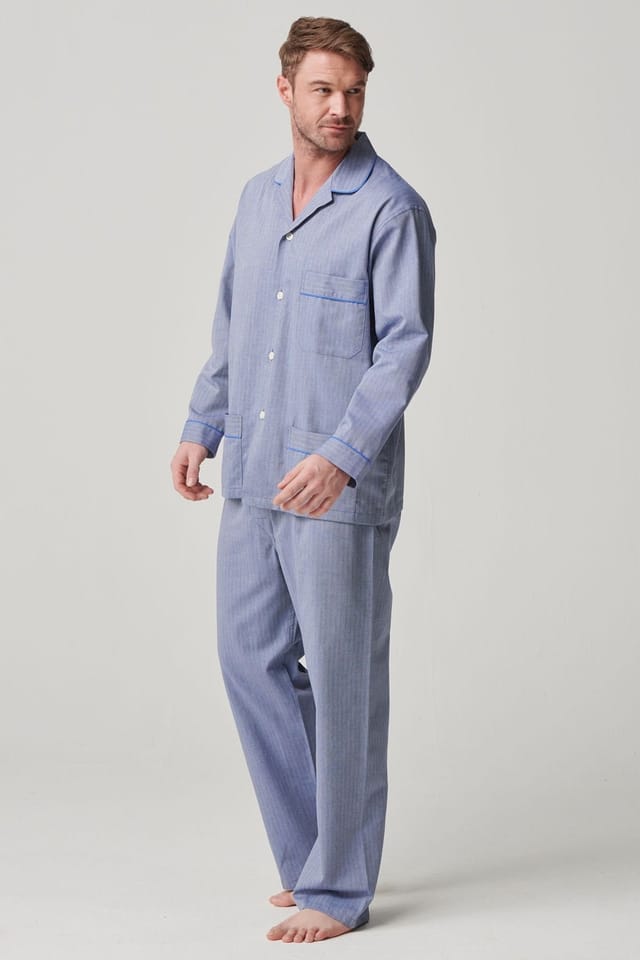 British Boxers British Boxers Men's 'Garrison' Herringbone Cotton Twill Pyjama Set in Mid Blue - 2