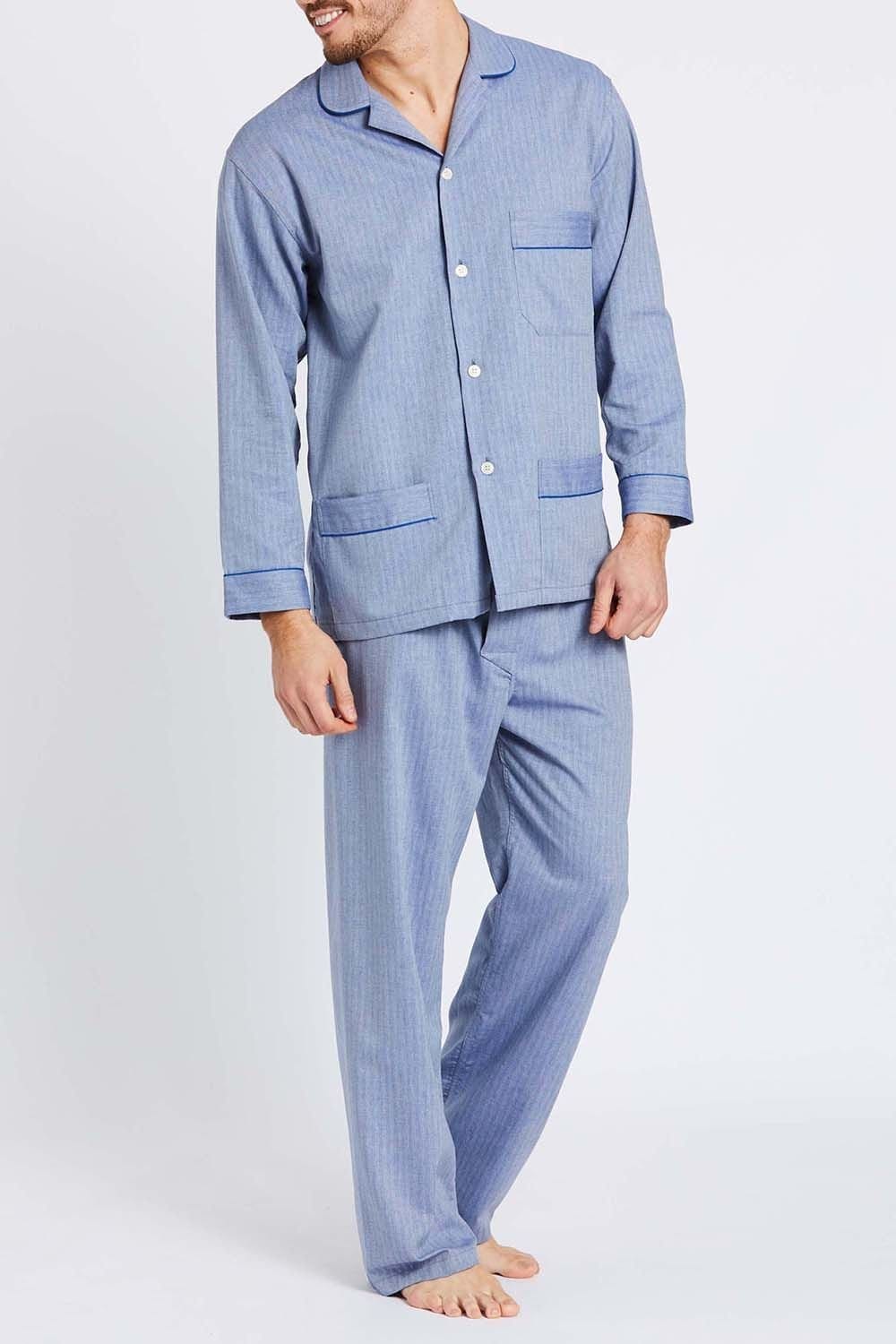 British Boxers British Boxers Men's 'Garrison' Herringbone Cotton Twill Pyjama Set in Mid Blue - 4