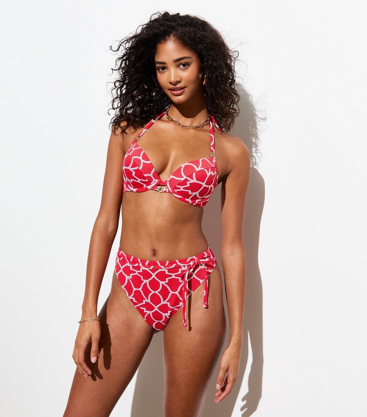 New Look New Look Red Geometric Print Tie High Waist Bikini Bottoms