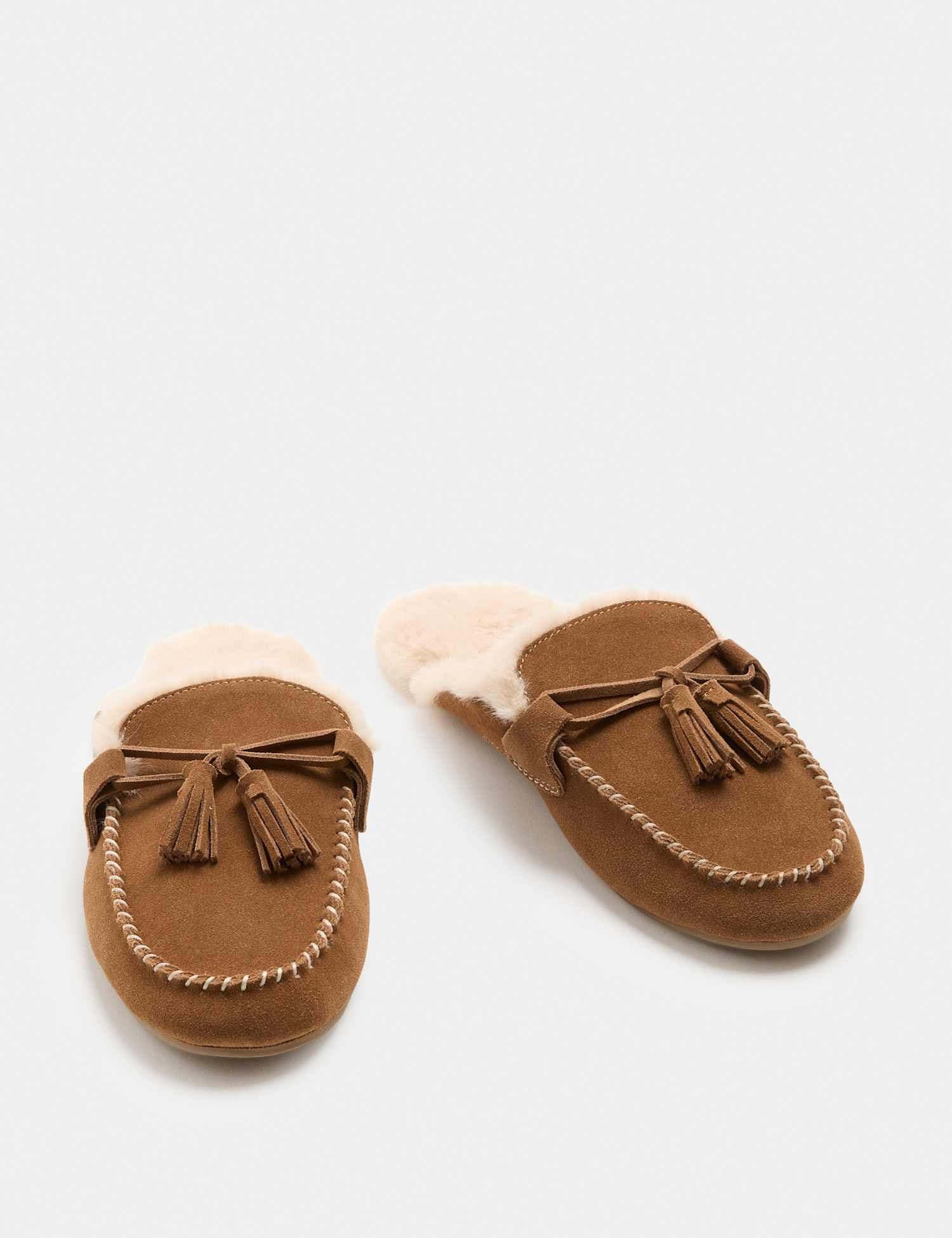 Marks & Spencer M&S Suede Faux Fur Lined Backless Mocassin Slippers Tan