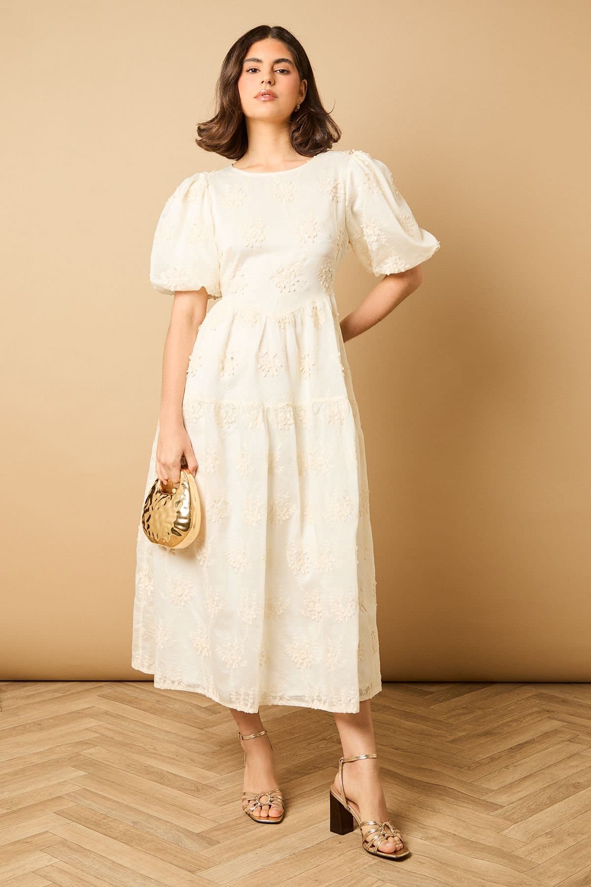 Oasis Oasis Women's Floral Embroidered Puff Sleeve Midi Dress in Ivory