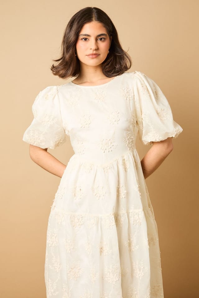 Oasis Oasis Women's Floral Embroidered Puff Sleeve Midi Dress in Ivory - 2