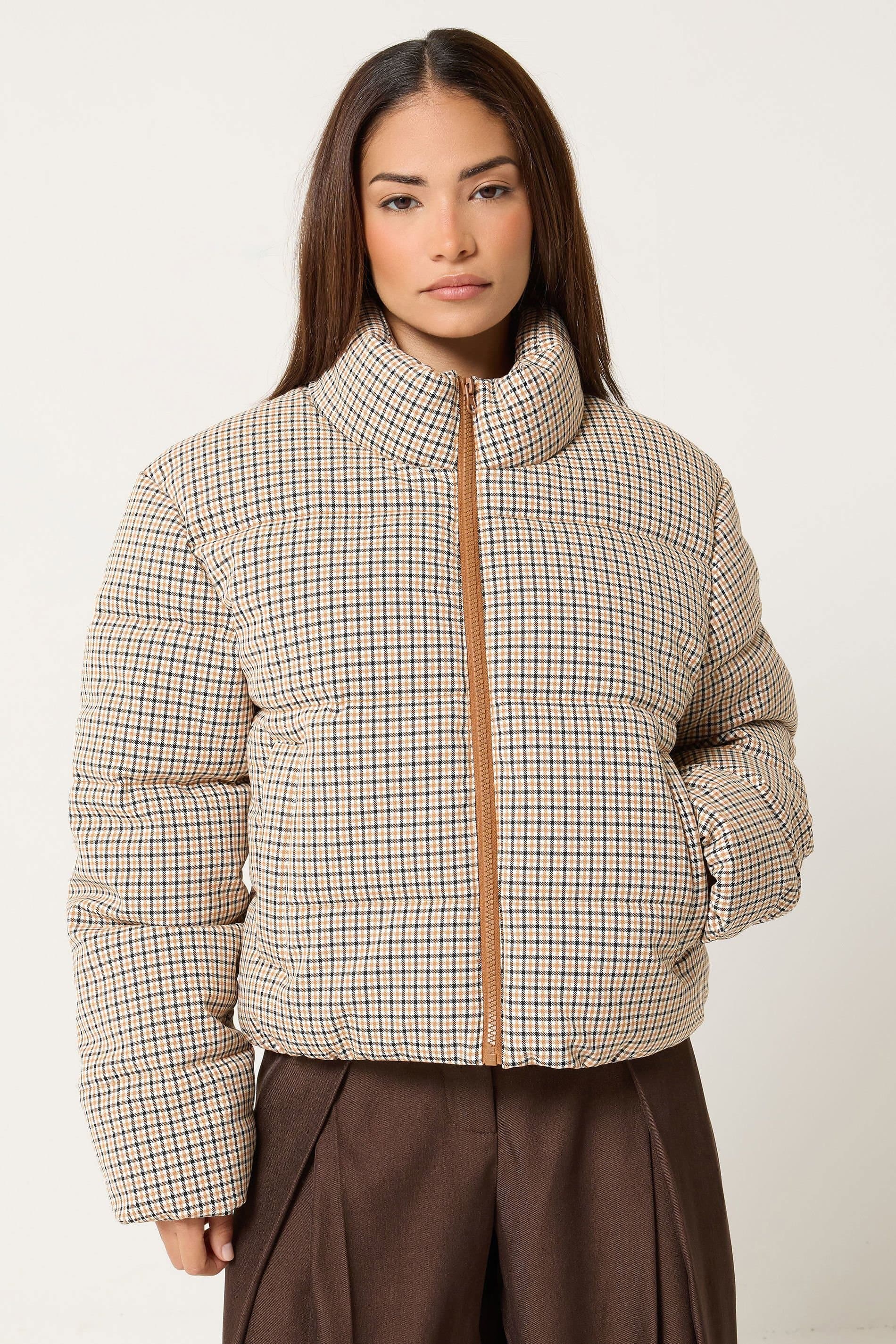 PixieGirl PixieGirl Women's Petite Check Puffer Coat in Natural