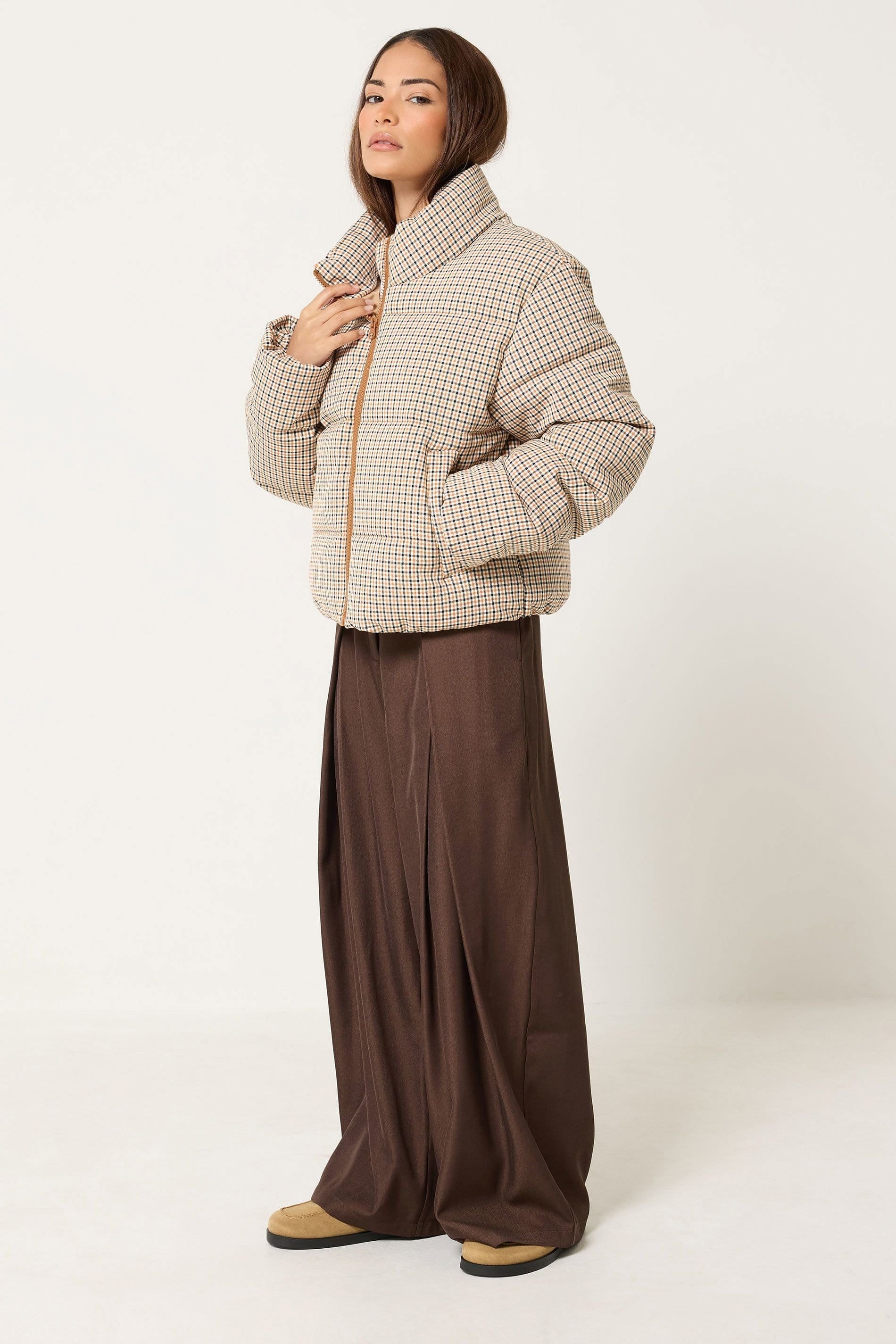 PixieGirl PixieGirl Women's Petite Check Puffer Coat in Natural - 4