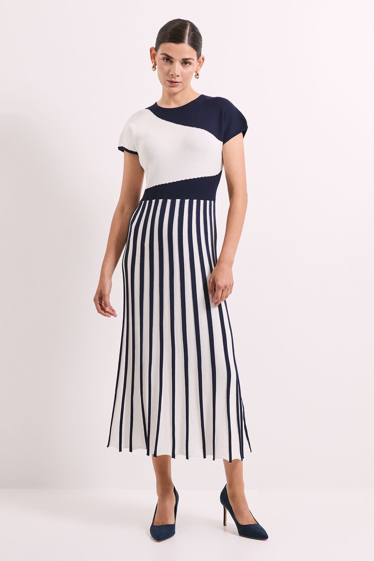 Principles Principles Women's Navy Colour Block Pleated Knitted Dress