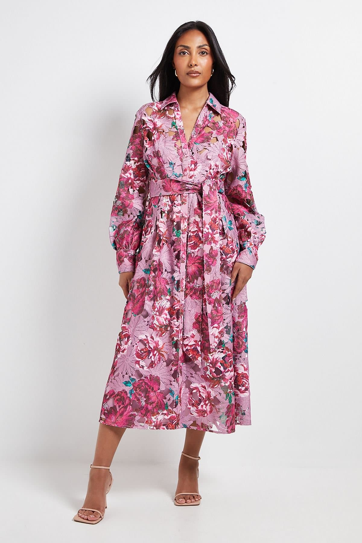 Wallis Wallis Women's Petite Floral Lace Print Belted Midi Dress in Pink