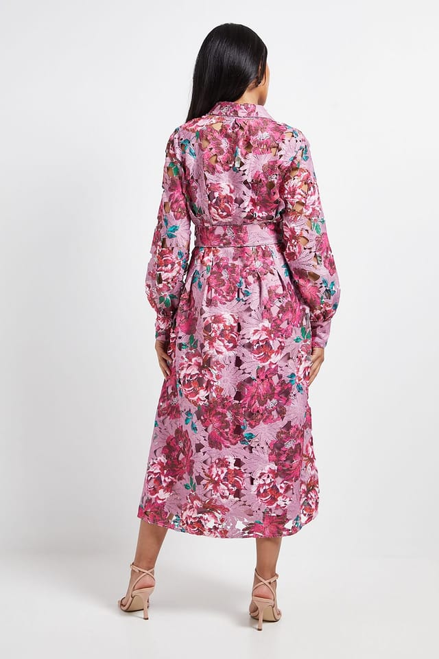 Wallis Wallis Women's Petite Floral Lace Print Belted Midi Dress in Pink - 3