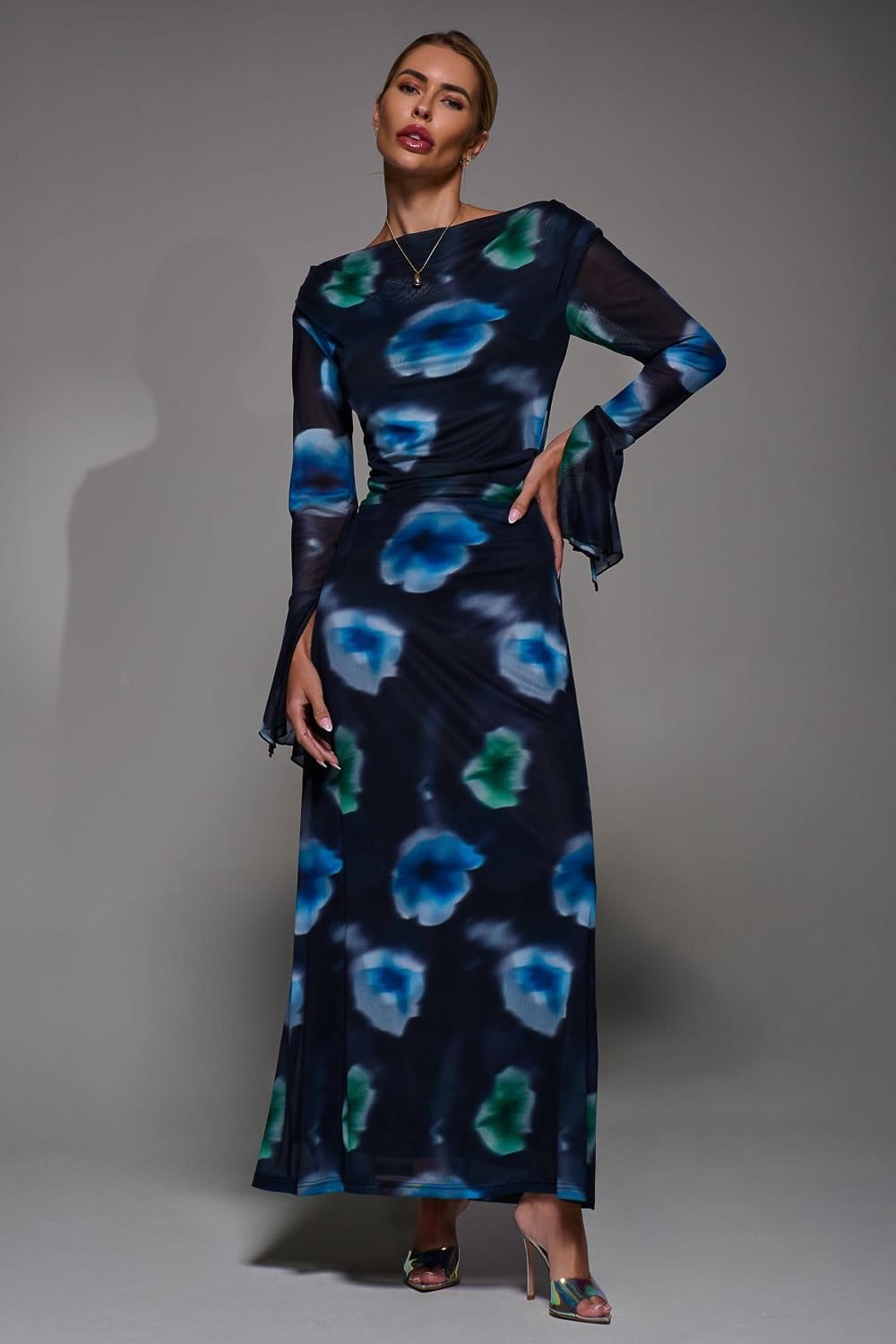 Jolie Moi Jolie Moi Women's Long Sleeve Slash Neck Maxi Dress in Dark Navy - 4