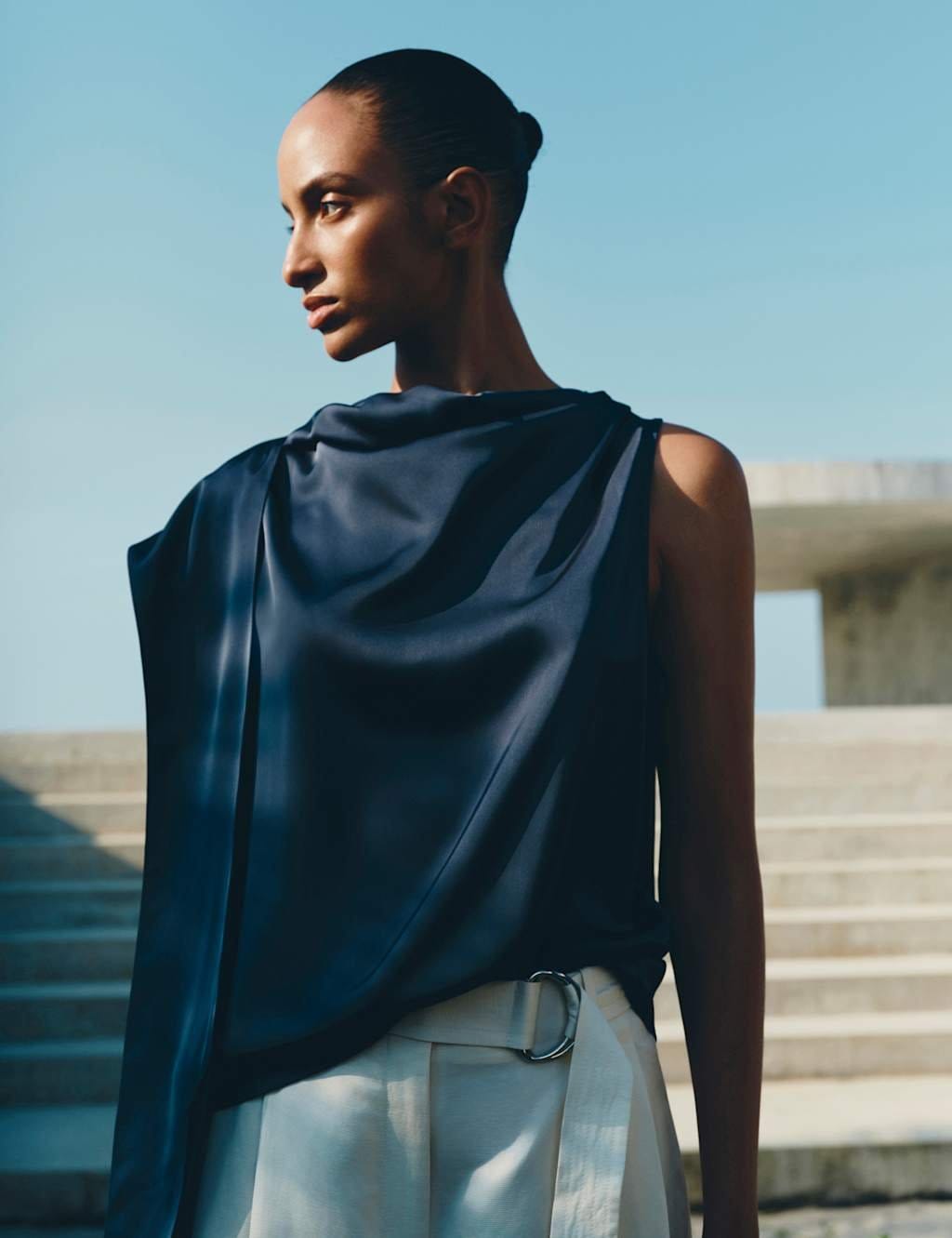 M&S Dark Slate Satin Cowl Neck Blouse