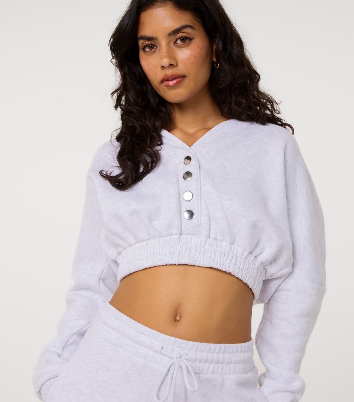 Pink Vanilla Pink Vanilla Light Grey Press Stud Cropped Hoodie