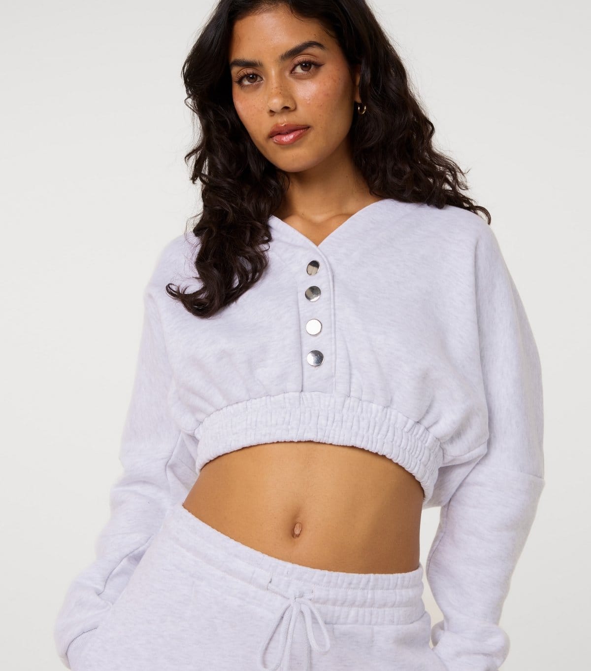 Pink Vanilla Light Grey Press Stud Cropped Hoodie