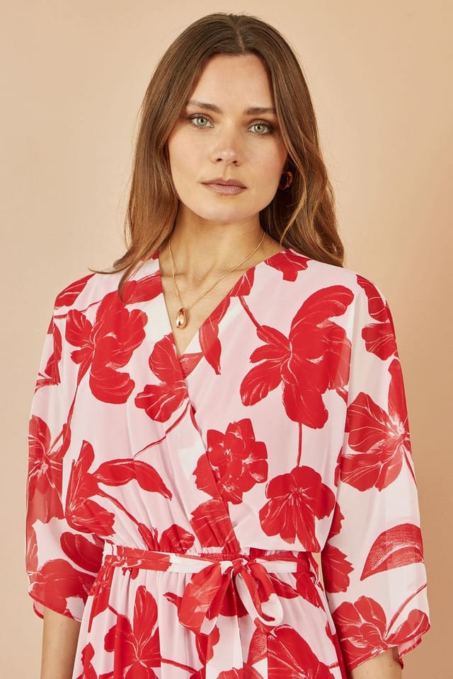 Yumi Yumi Women's Red Kimono Sleeves Midi Dip Hem Wrap Midi Dress - 3