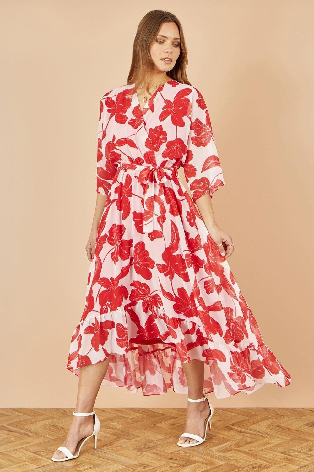 Yumi Yumi Women's Red Kimono Sleeves Midi Dip Hem Wrap Midi Dress - 4