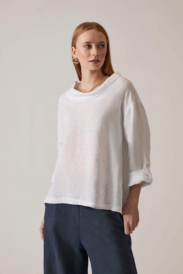 James Lakeland James Lakeland Women's Cowl Neck Linen White Top - 3