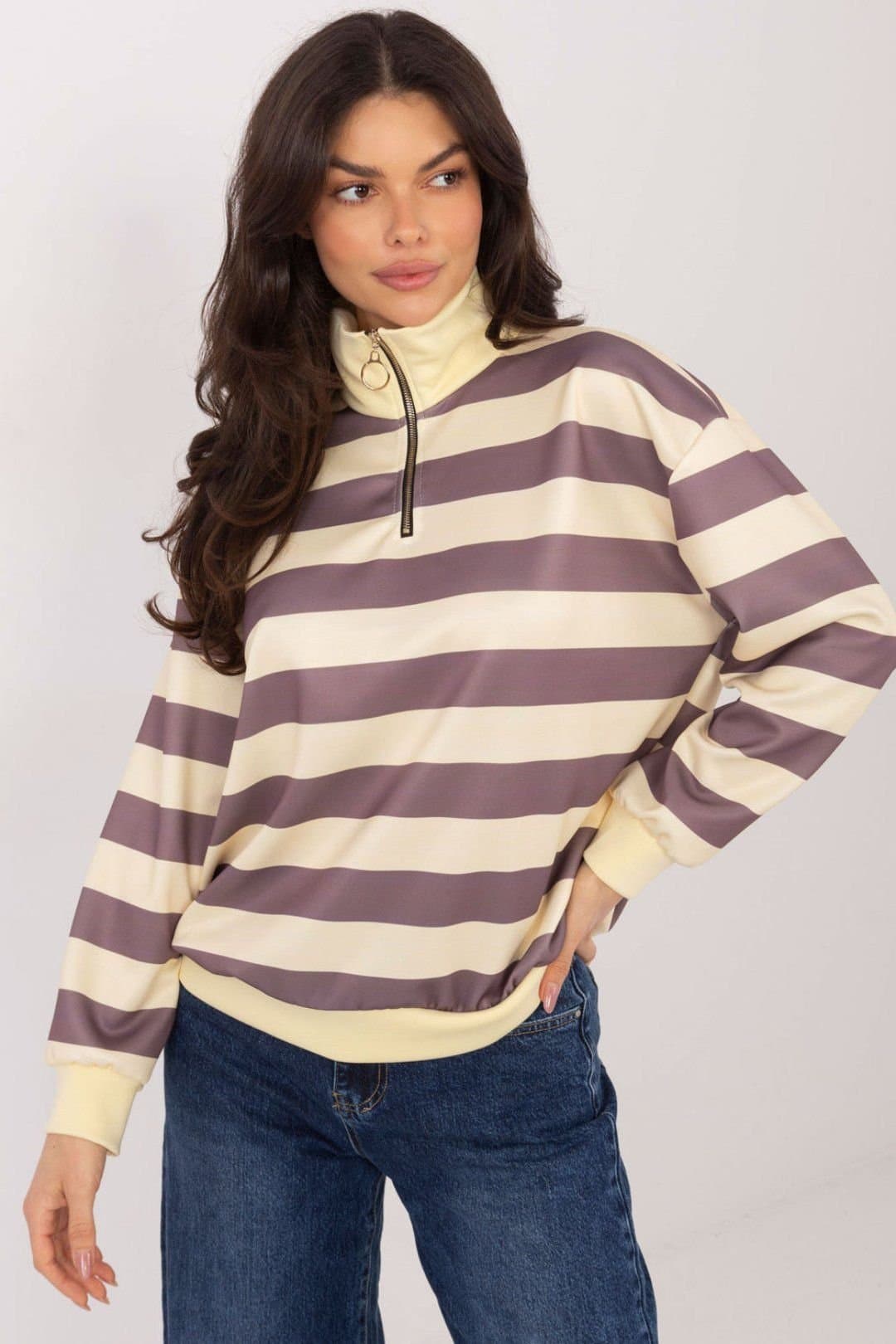 Love Lace Love Lace Women's Striped Viscose Elastane Sweatshirt with Zip Neck in Beige