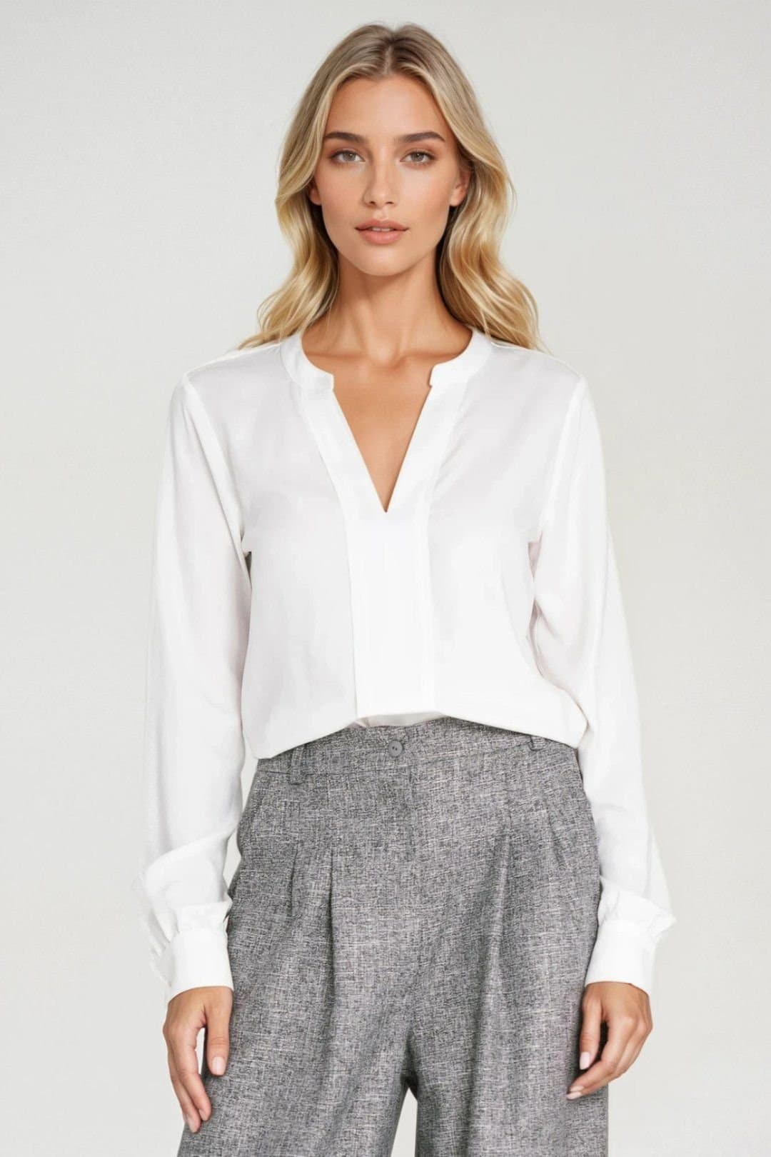 Love Lace Love Lace Women's Classic V Neck Viscose Blouse Pleated in White