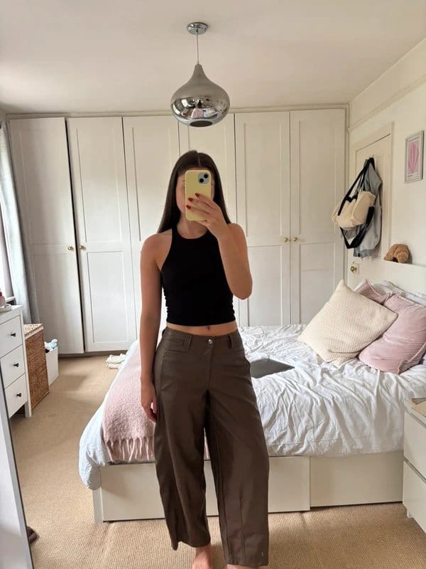 ASOS Brown Faux Leather High-Waisted Cropped Trousers