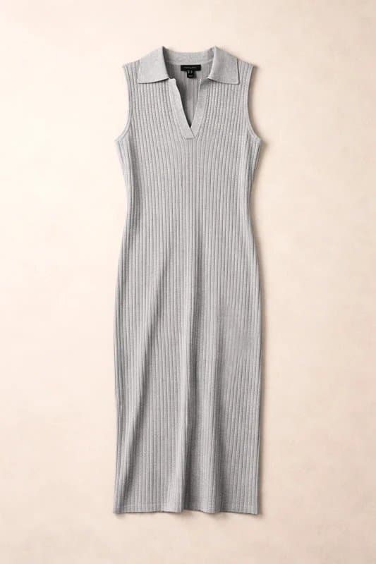 New Look New Look Grey Ribbed Midi Dress UK 12 Sleeveless Collared Bodycon Y2K Clean Girl