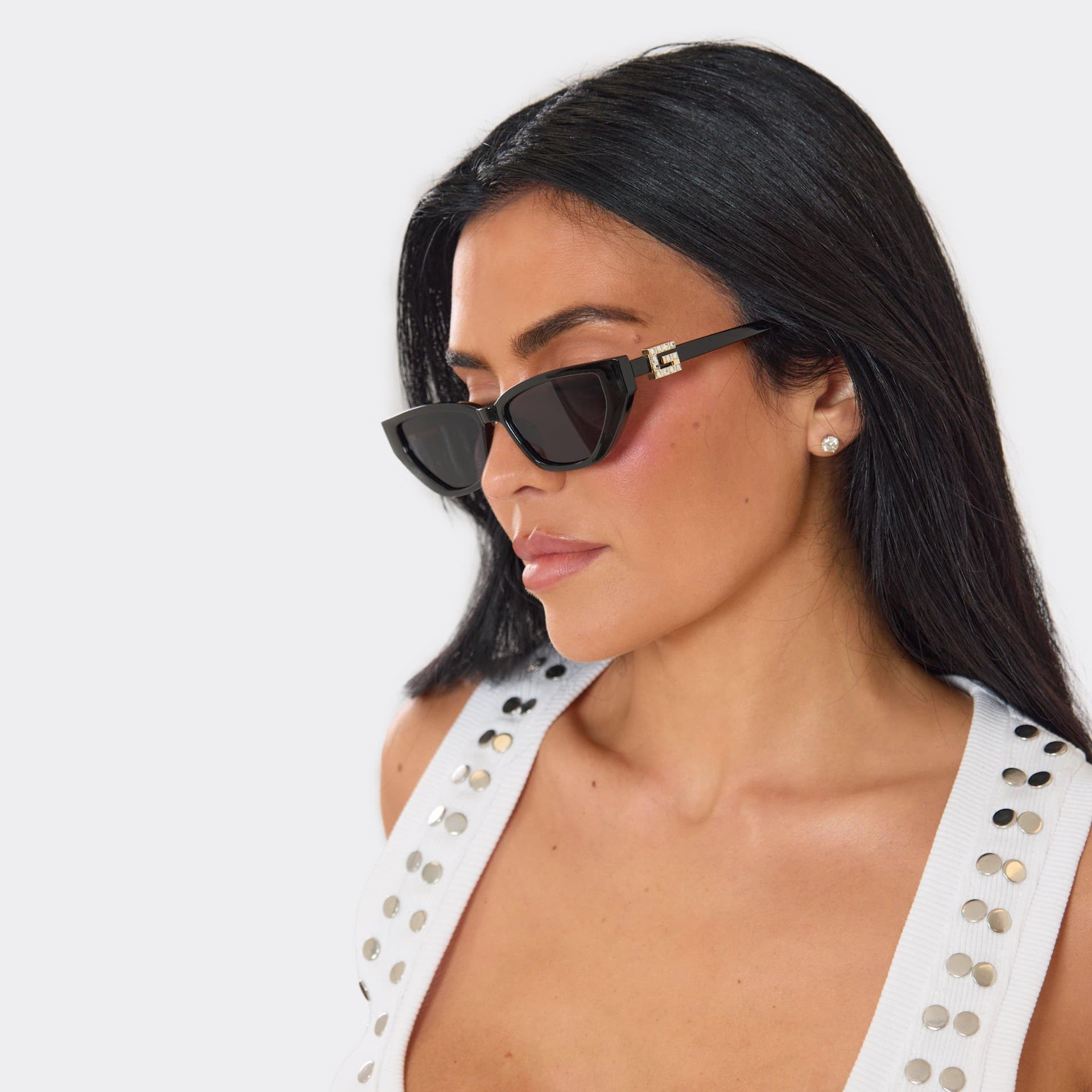 EGO Thin Frame Side Logo Detail Cateye Shape Sunglasses In Black, Women's Size UK 0