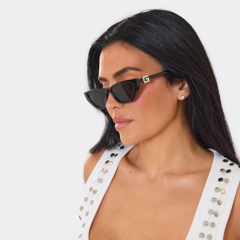 EGO Thin Frame Side Logo Detail Cateye Shape Sunglasses In Black, Women's Size UK 0 - 1