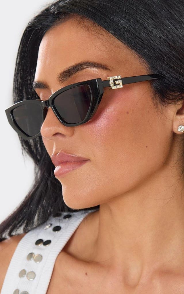 EGO Thin Frame Side Logo Detail Cateye Shape Sunglasses In Black, Women's Size UK 0 - 2