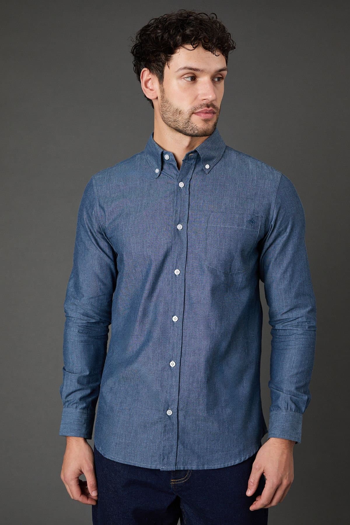 Maine Maine Men's Dark Blue Textured Chambray Long Sleeve Shirt