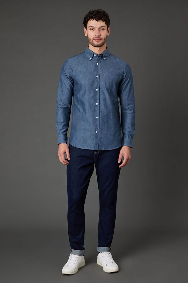 Maine Maine Men's Dark Blue Textured Chambray Long Sleeve Shirt - 2