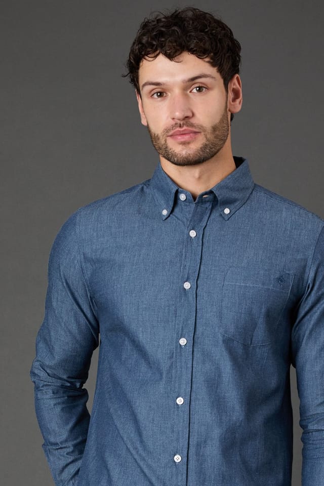 Maine Maine Men's Dark Blue Textured Chambray Long Sleeve Shirt - 3