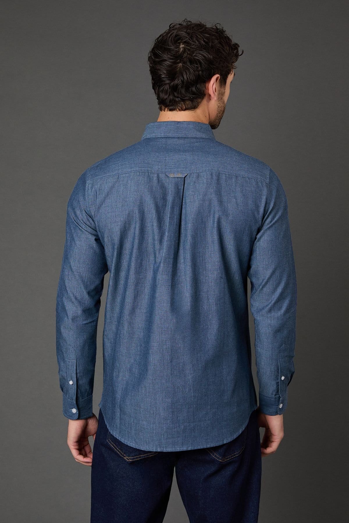 Maine Maine Men's Dark Blue Textured Chambray Long Sleeve Shirt - 4