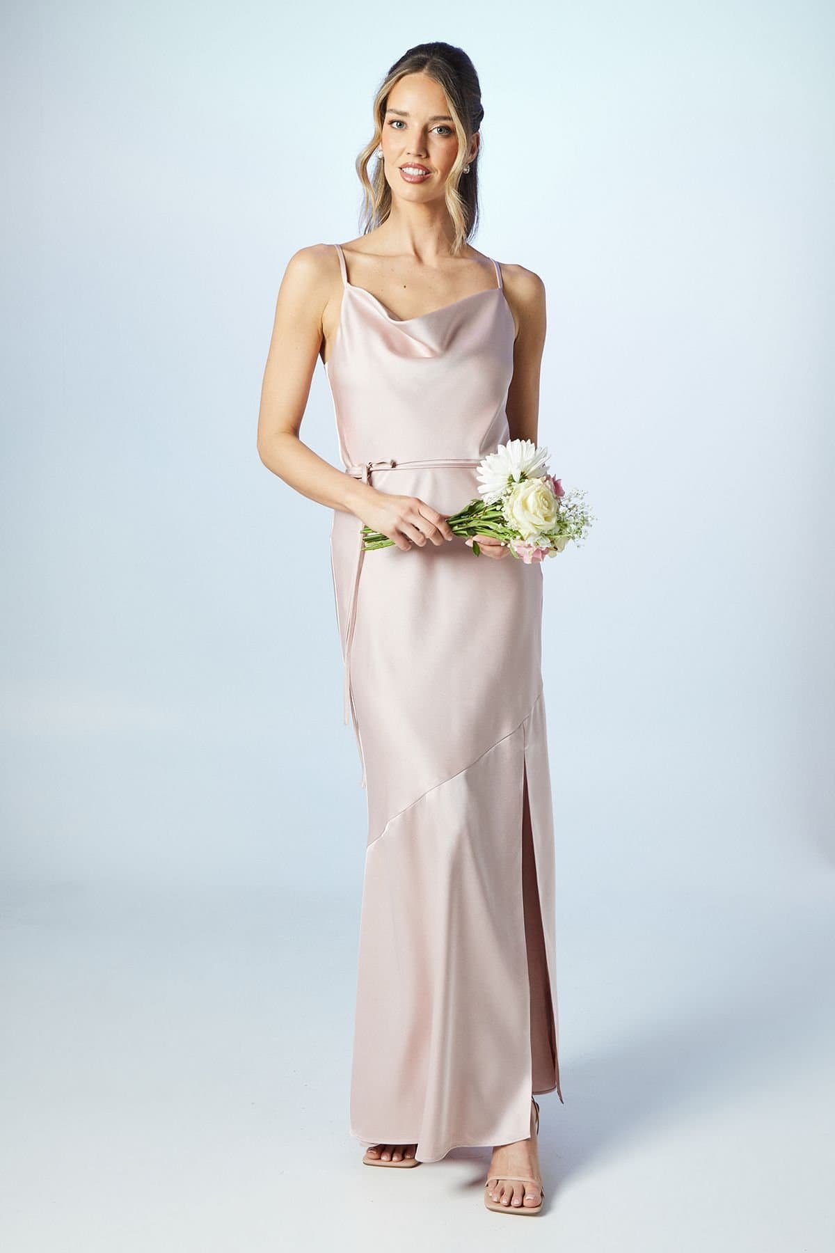 Coast Coast Women's Cowl Neck Satin Slip Maxi Bridesmaid Dress in Blush