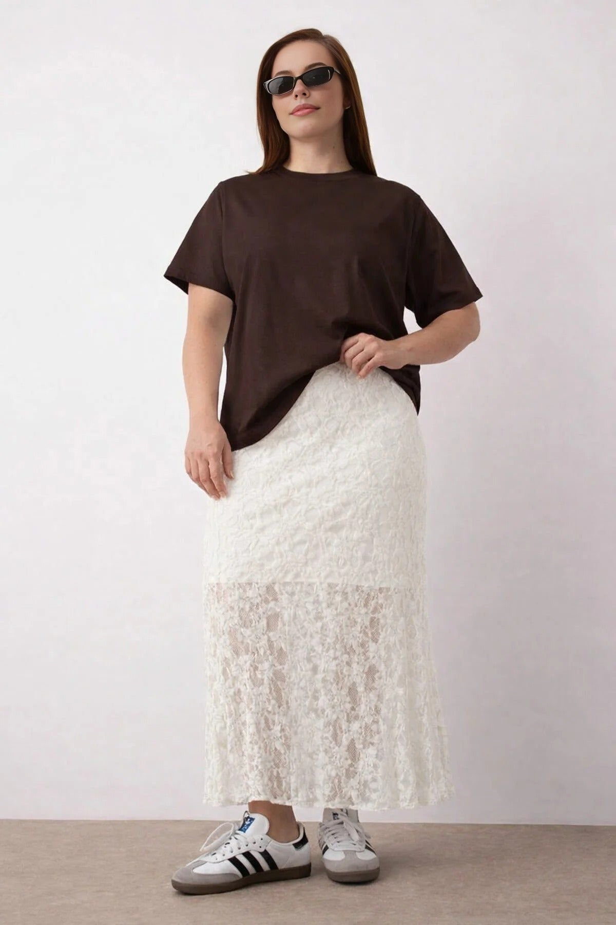 WOVCOR WOVCOR Women's Lace Textured Midi Skirt with Sheer Panel Detail in White - 1