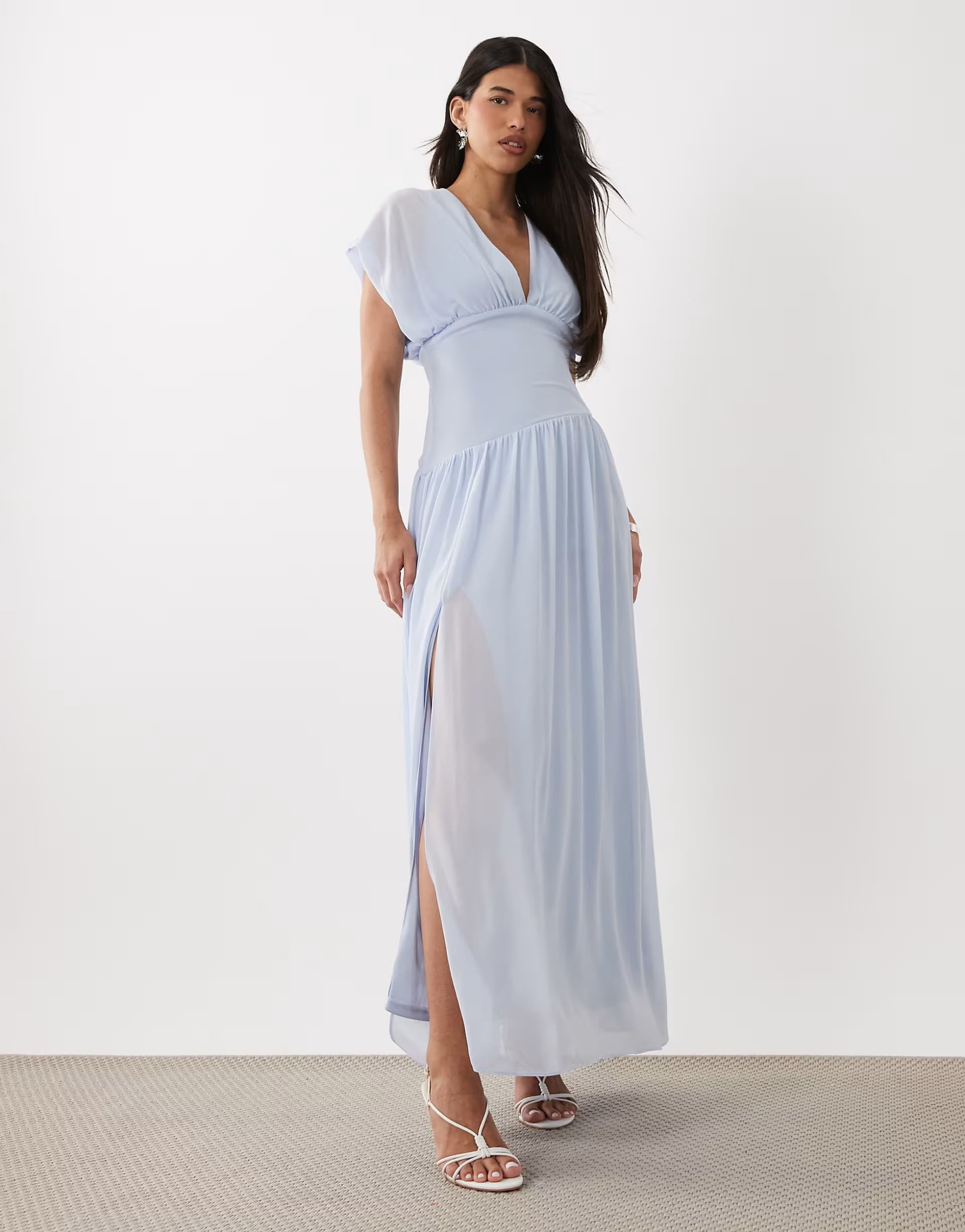 ASOS TFNC chiffon v neck and back asymmetric drop waist maxi dress in powder blue