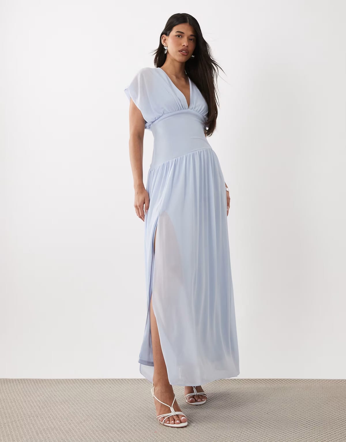 ASOS TFNC chiffon v neck and back asymmetric drop waist maxi dress in powder blue - 1