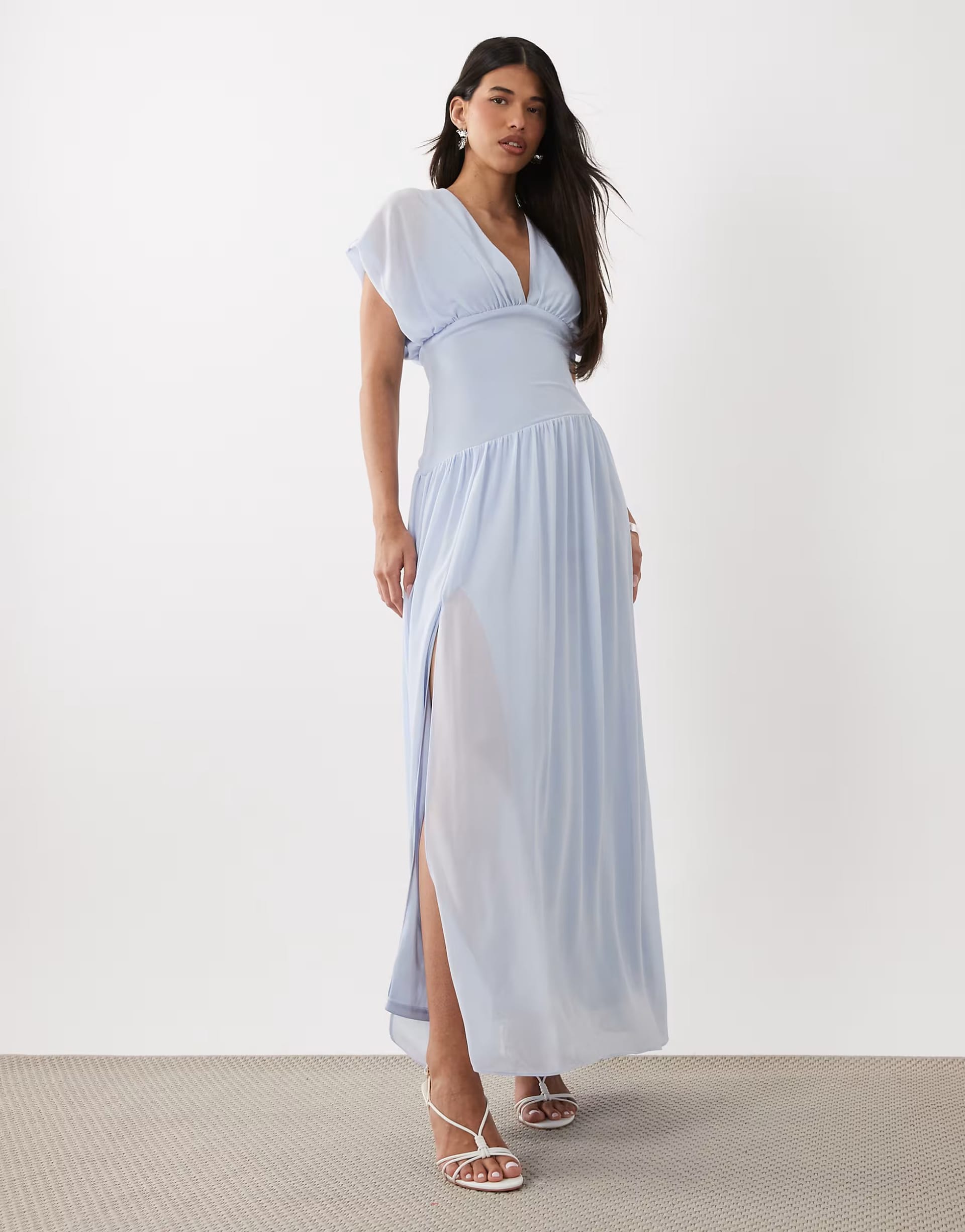 ASOS TFNC Powder Blue Chiffon V-Neck Asymmetric Maxi Dress