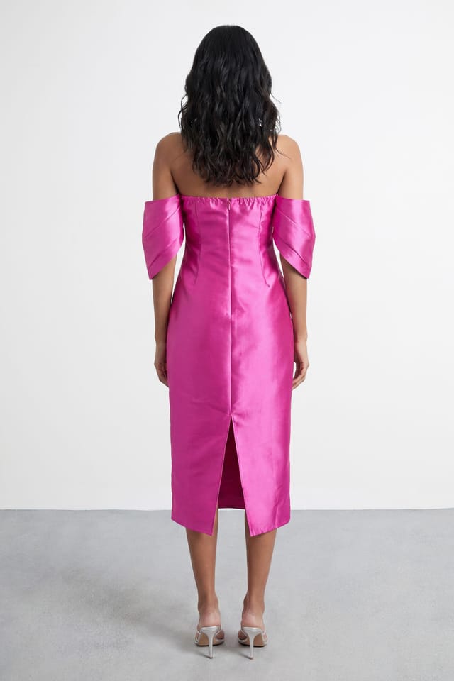 Warehouse Warehouse Women's Petite Structured Puff Sleeve Bardot Midi Dress in Pink - 3