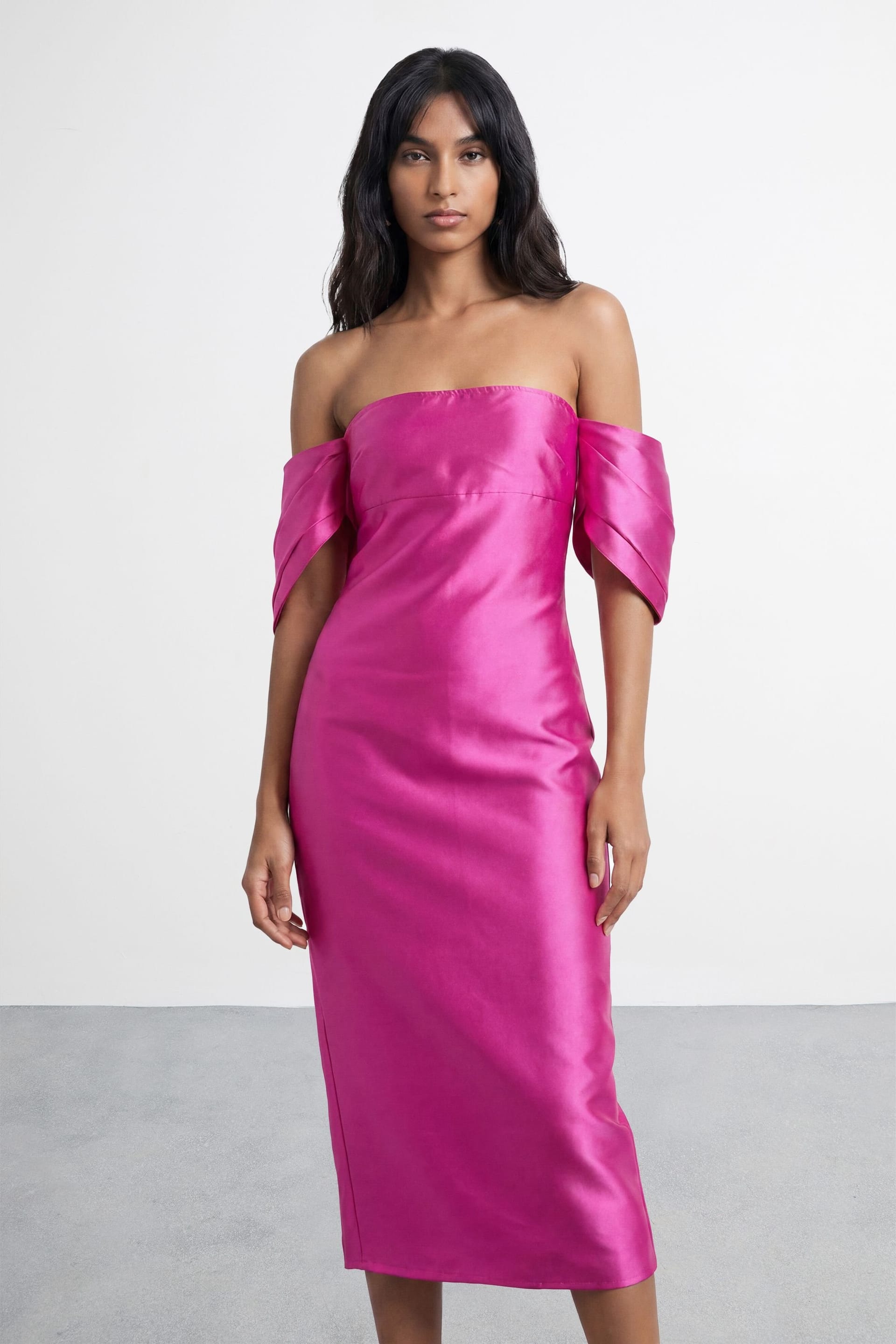 Warehouse Warehouse Women's Petite Structured Puff Sleeve Bardot Midi Dress in Pink - 4