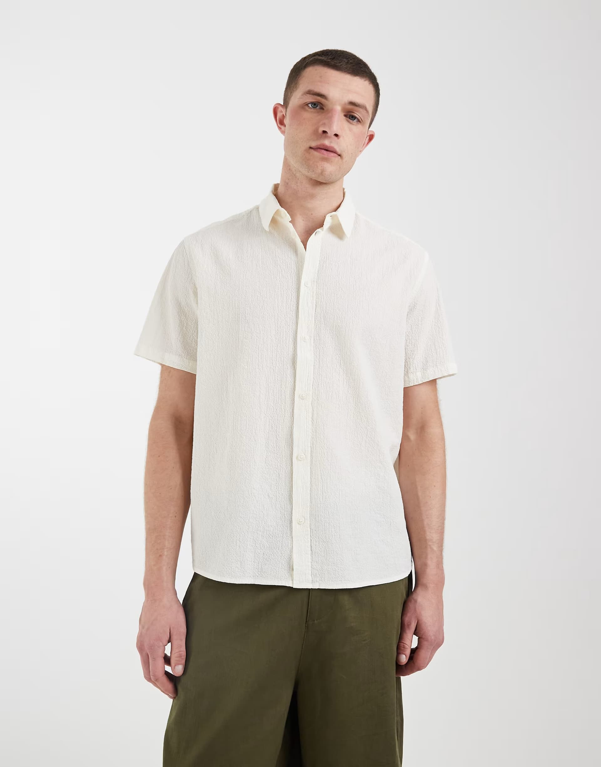 ASOS BLEND cotton-rich textured lightweight regular fit shirt in off white
