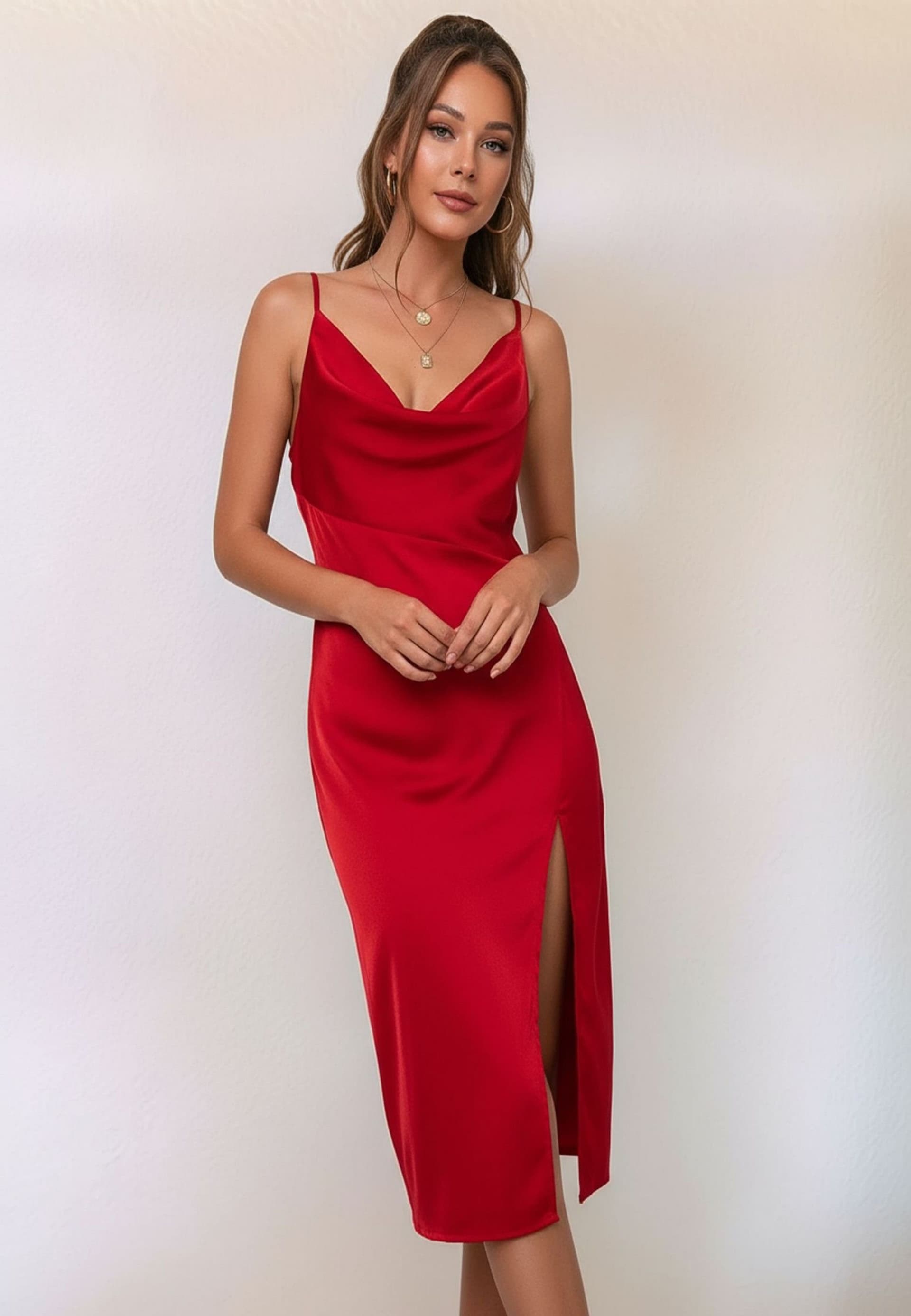 Divine Grace Divine Grace Red Satin Cowl Neck Midi Dress