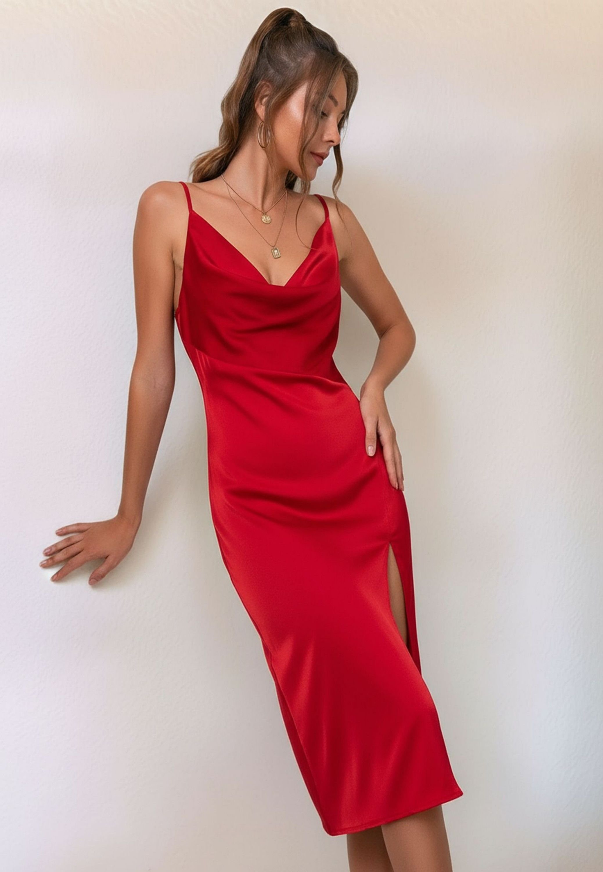 Divine Grace Divine Grace Women's Red Satin Cowl Neck Midi Dress - 2