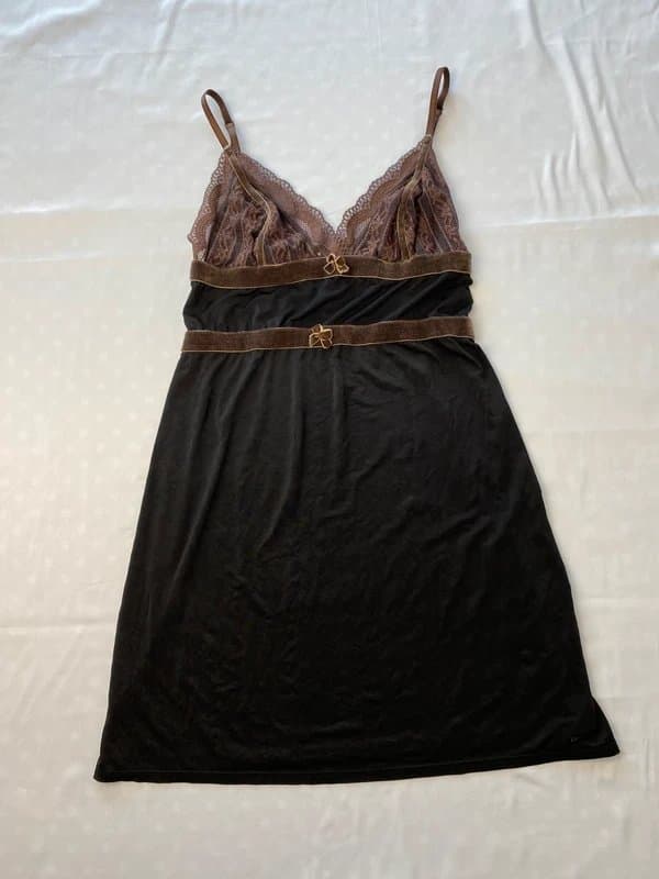 DKNY DKNY Black Lace Lingerie Slip Dress Brown Trim Y2K Size M UK 10–12