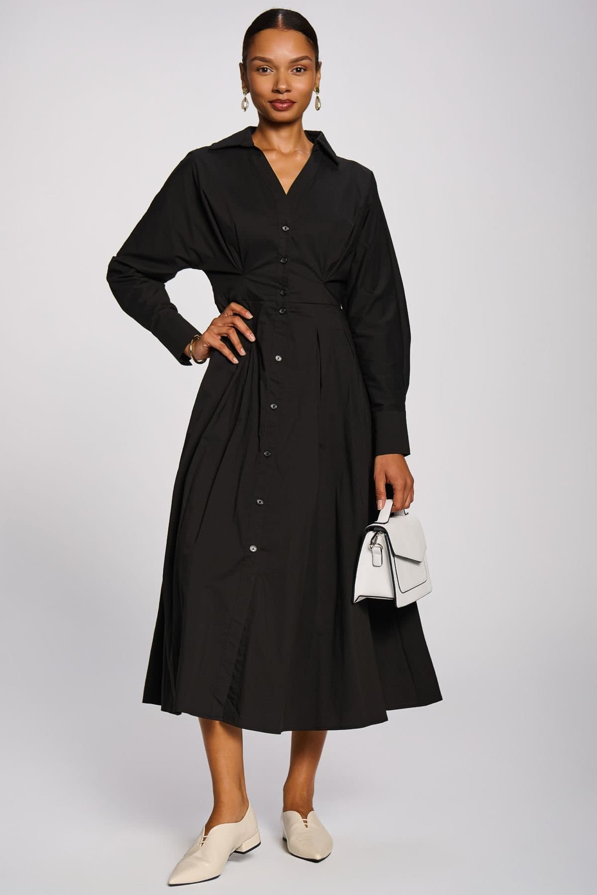 Jolie Moi Jolie Moi Women's Long Sleeve Cotton Shirt Dress in Black