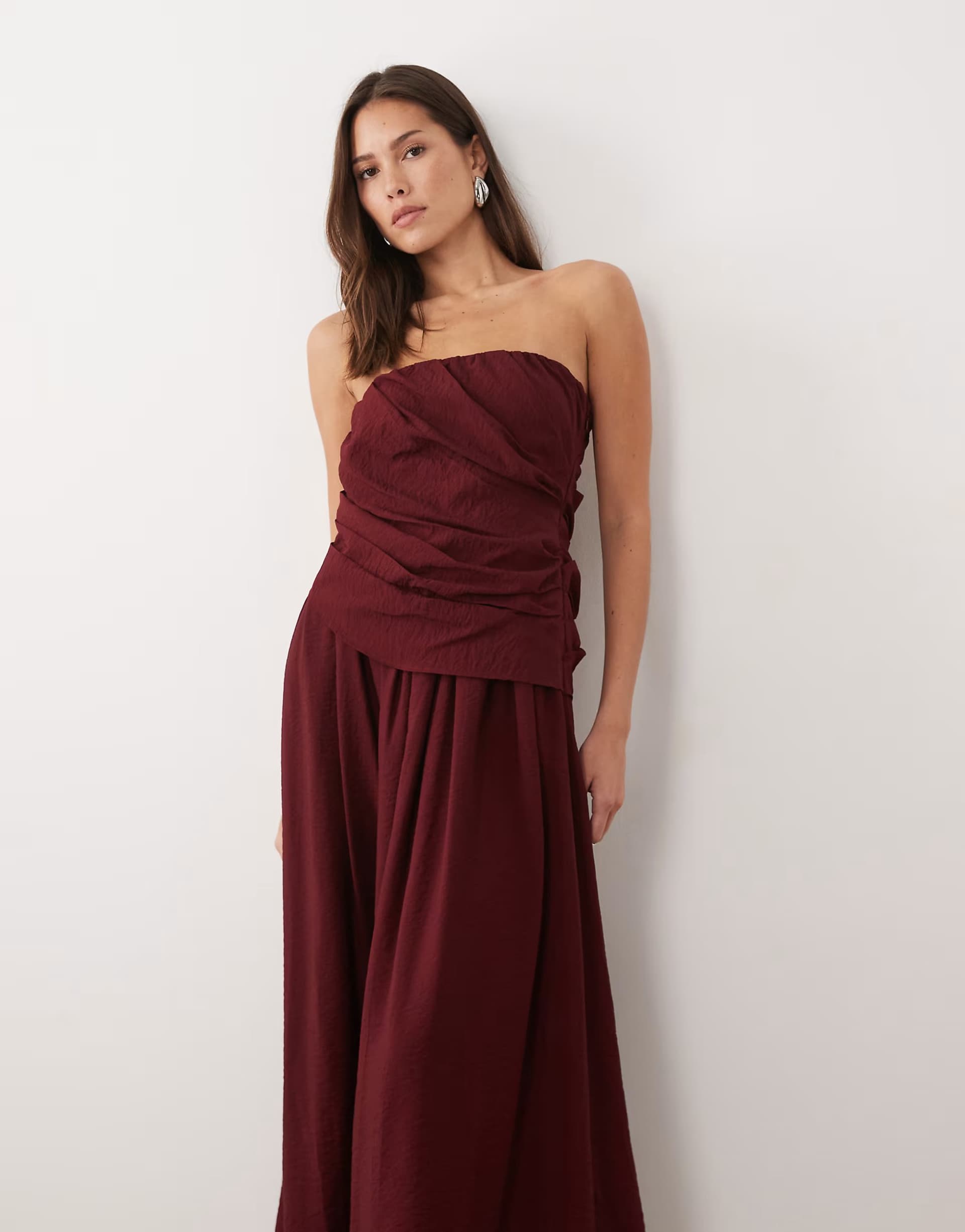 ASOS ASOS DESIGN drape front bandeau midi dress in dark red
