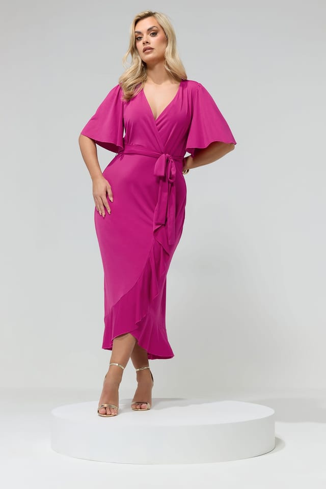 Yours Yours Women's Ruffle Hem Wrap Dress in Bright Pink - 2
